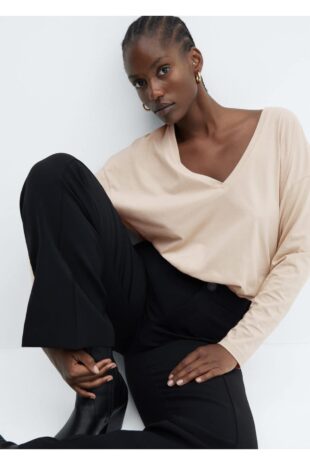 تی شرت بژ زنانه مانگو 57014404