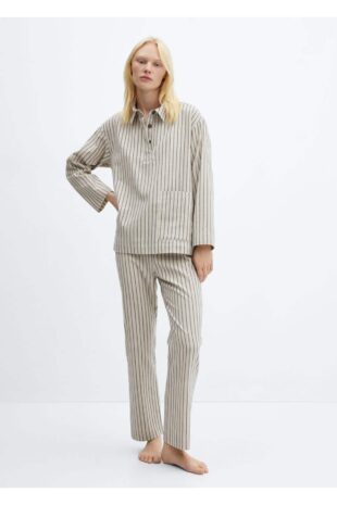 ست پیژامه بژ فاق نرمال بلند زنانه مانگو 57076314