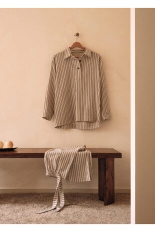 ست پیژامه بژ فاق نرمال بلند زنانه مانگو 57076314