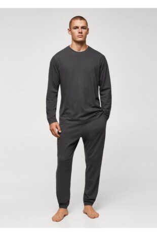 ست پیژامه خاکستری فاق نرمال بلند مردانه مانگو 57026017