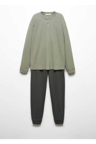 ست پیژامه خاکی فاق نرمال بلند مردانه مانگو 67070673