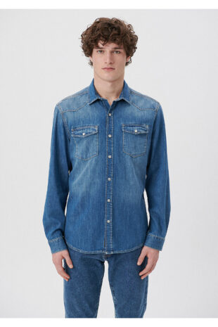 پیراهن آبی آستین استاندارد مردانه ماوی | 295730932