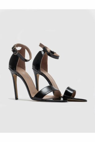 کفش های پاشنه دار زنانه مشکی چرم اصل با جزئیات نوار چسب سیاه زنانه کابانی | 9YBB65AY015428