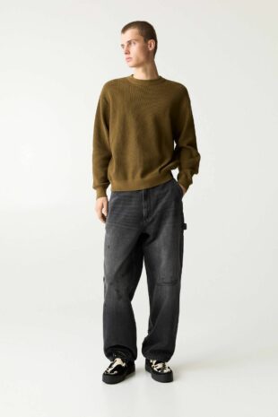 بافت سبز آستین بلند مردانه پول اند بیر | 3558501 Pull & Bear